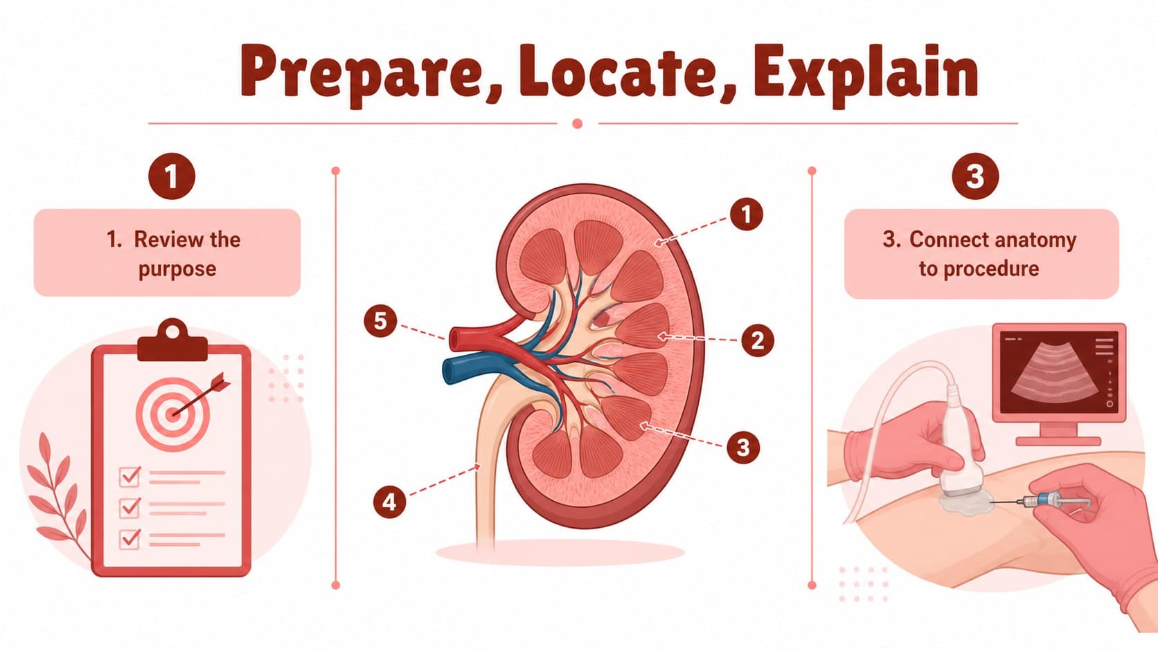 Educational procedure overview slide showing preparation and anatomical context for a bone marrow aspiration classroom visual.