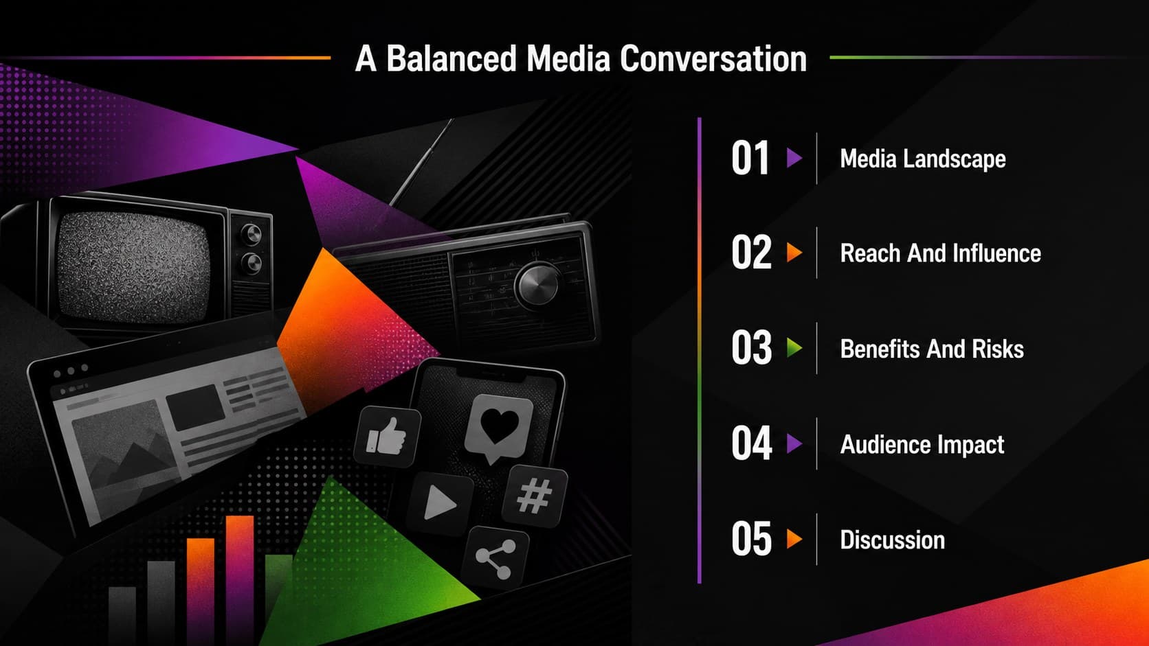 Agenda slide outlining the sections of a media influence analysis presentation.