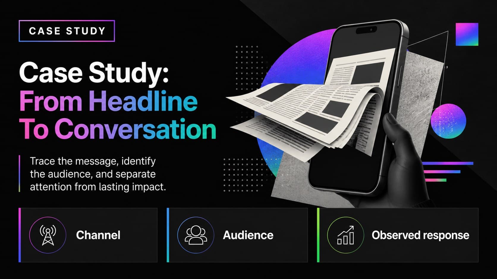 Case study slide mapping a media message from publication to measurable audience response.
