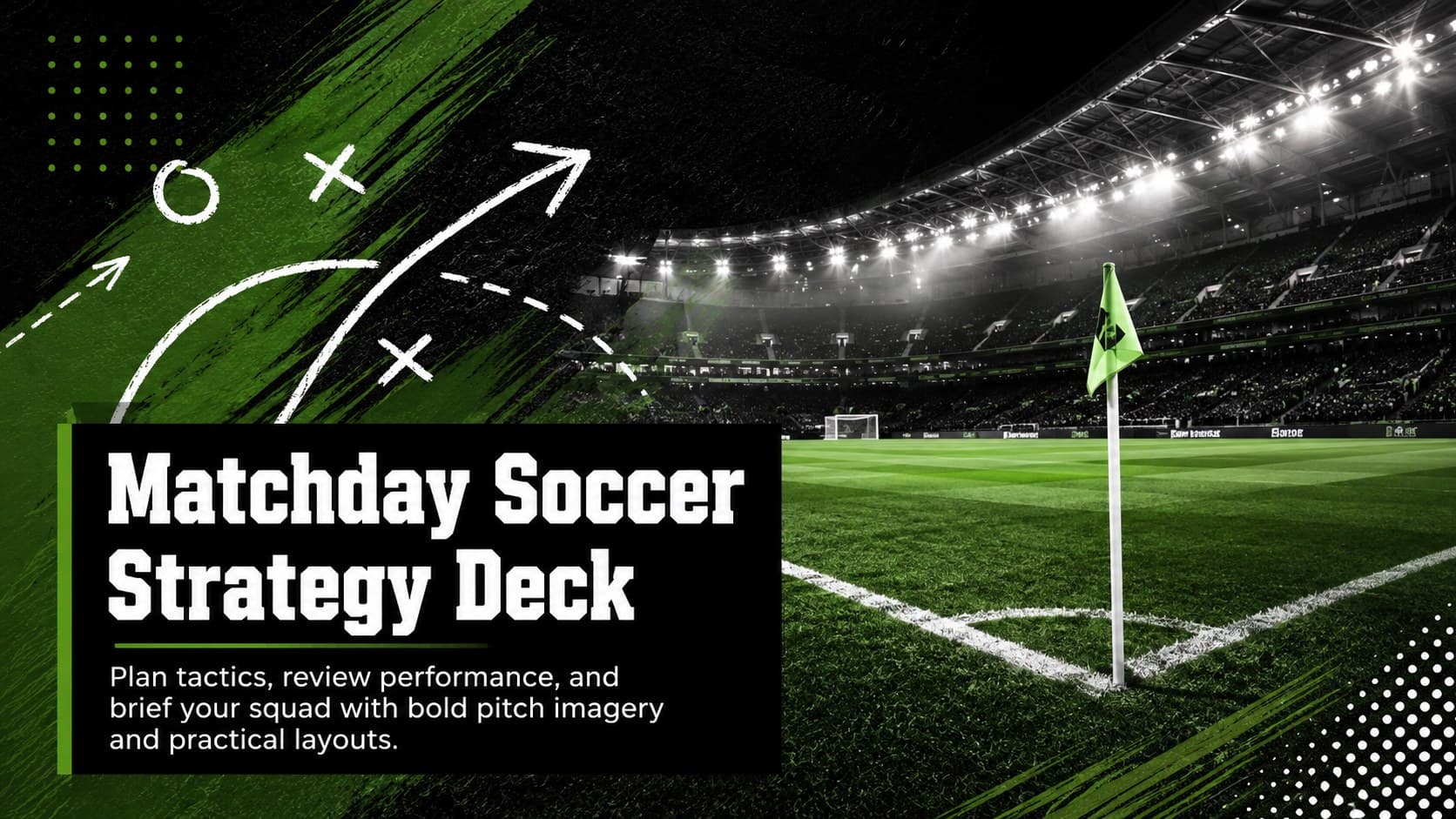 Cover of the Matchday Soccer Strategy Deck with a green pitch photograph and bold black-and-white typography.