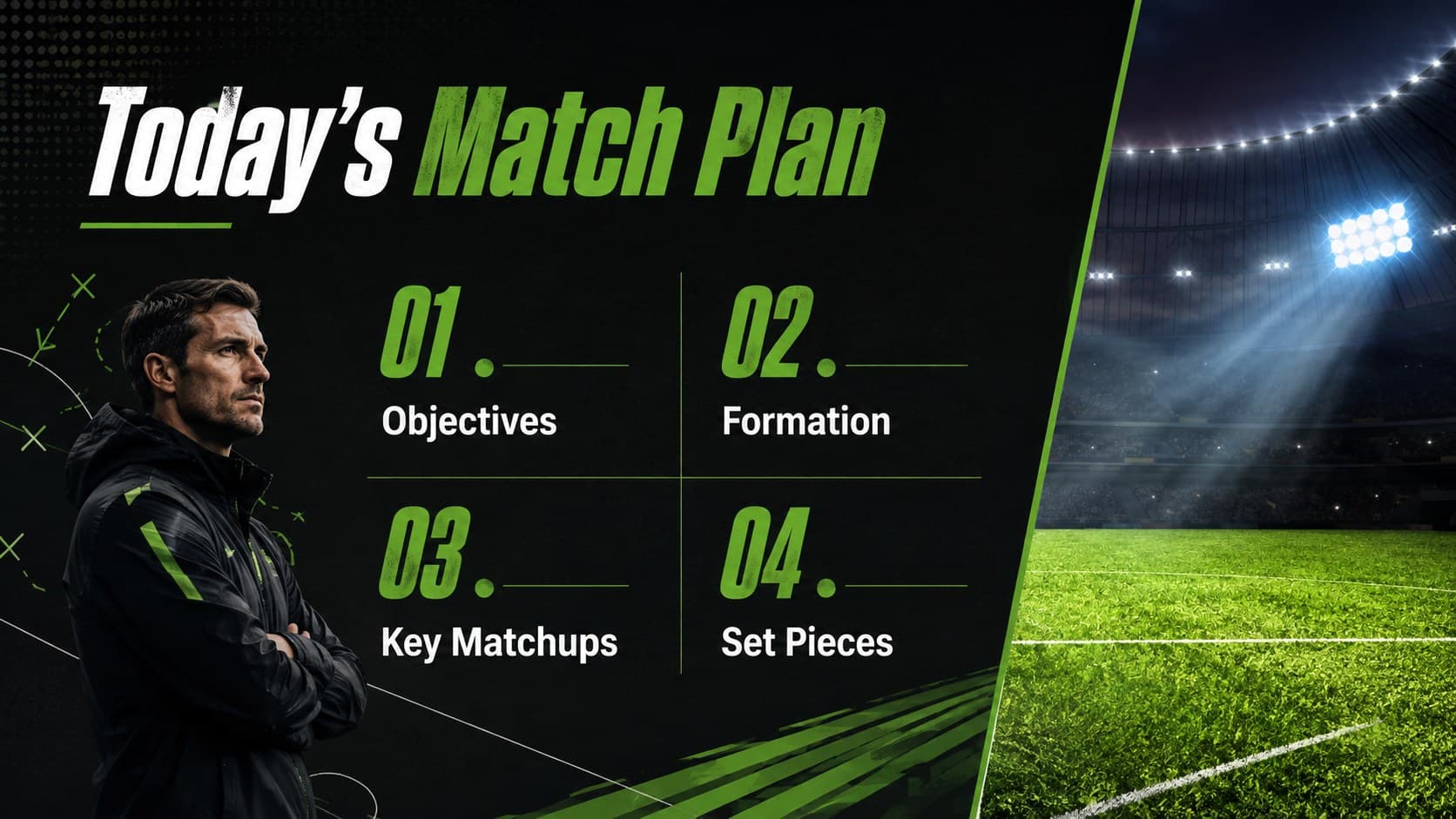 Soccer matchday briefing agenda slide with four planning topics beside field photography.