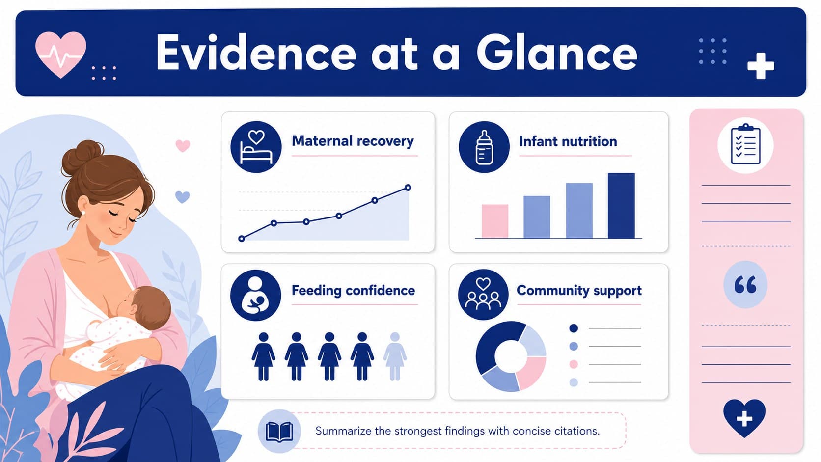 Evidence overview slide presenting breastfeeding research themes in a structured maternal health infographic layout.