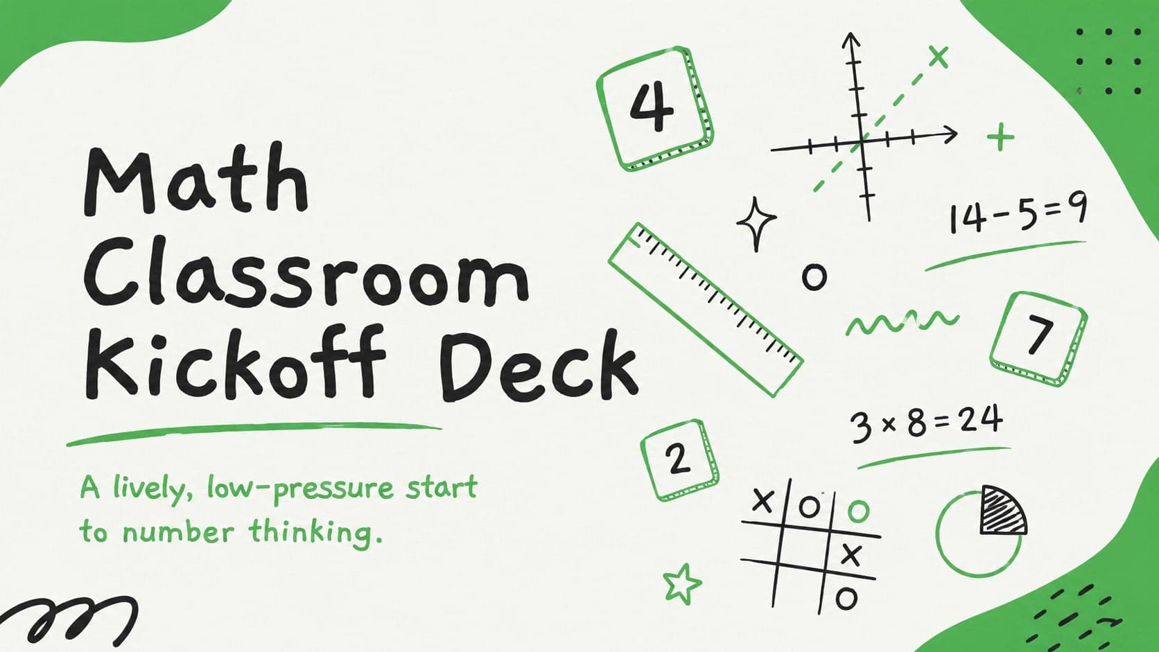 Cover of a Math Classroom Kickoff Deck with playful green and black doodles surrounding the title.