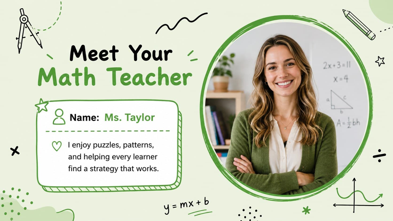 Teacher introduction layout from a green and black math class introduction slide deck.