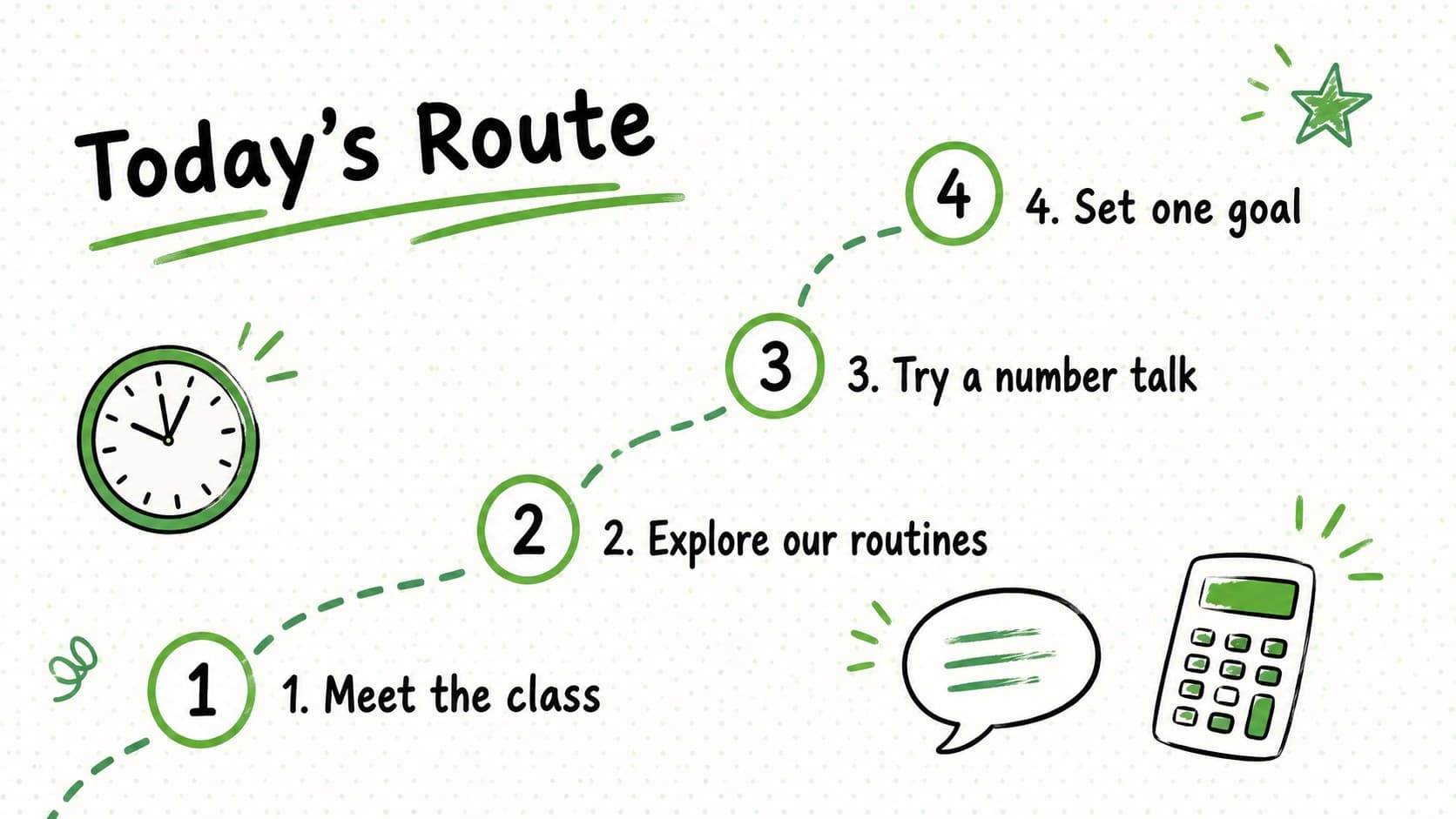 Editable math agenda presentation slide listing four parts of the first classroom session.