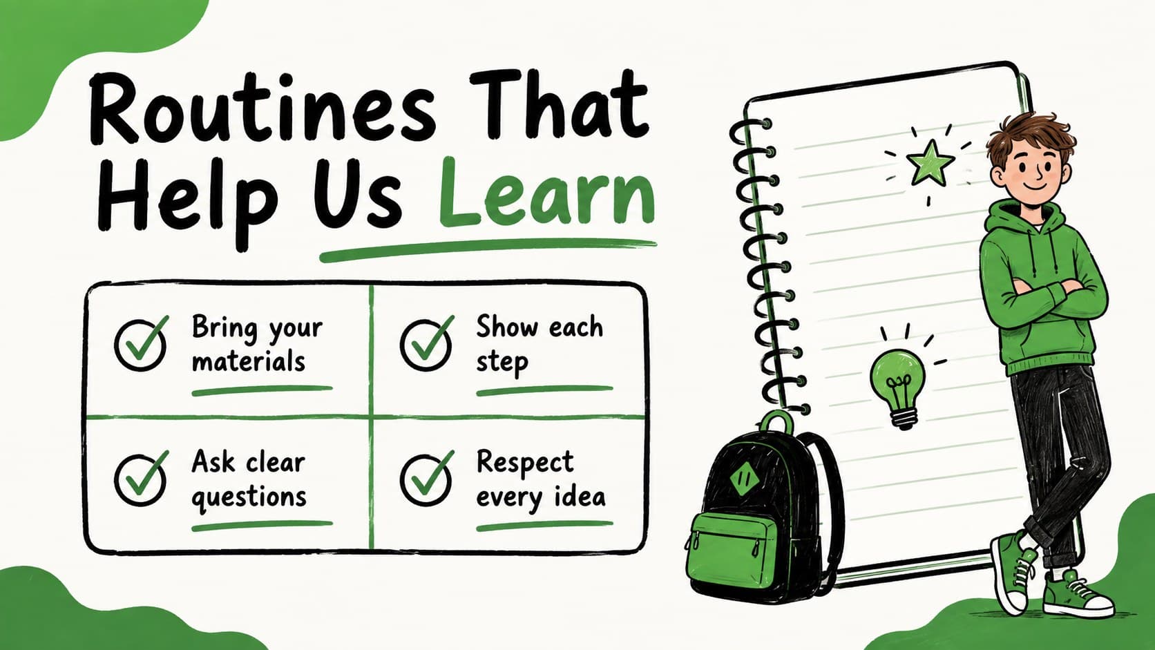 Classroom routines slide with four concise expectations for an organized math lesson.