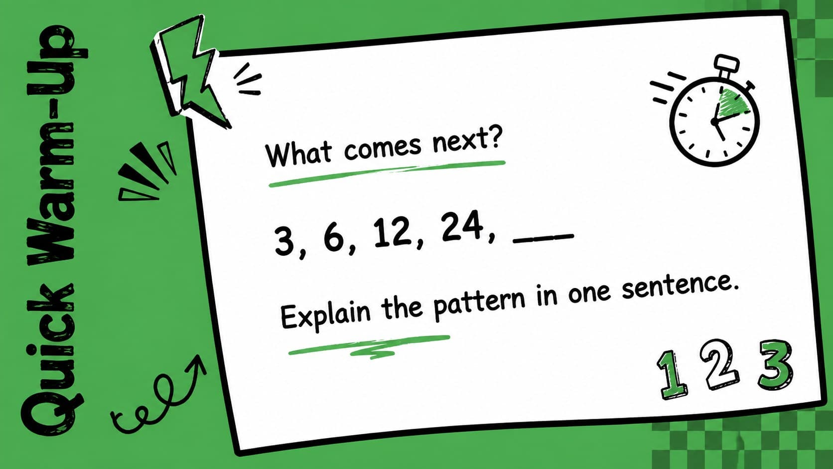 Student math warm-up slide asking learners to identify the next number in a pattern.