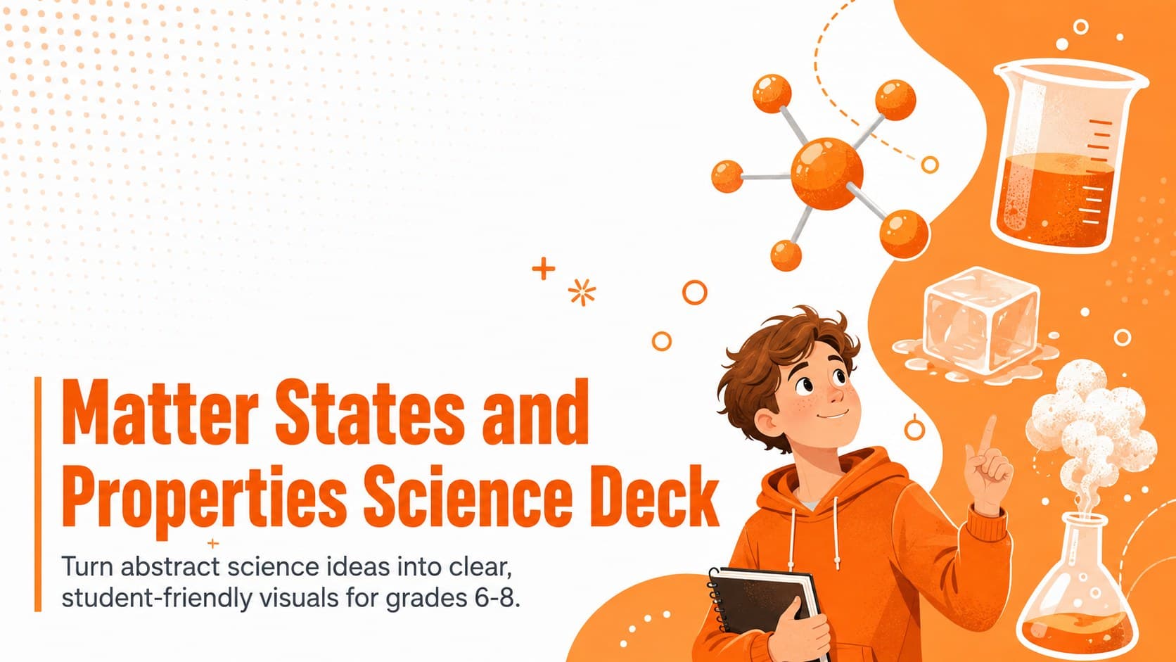 Orange-and-white cover for the Matter States and Properties Science Deck with playful laboratory illustrations.