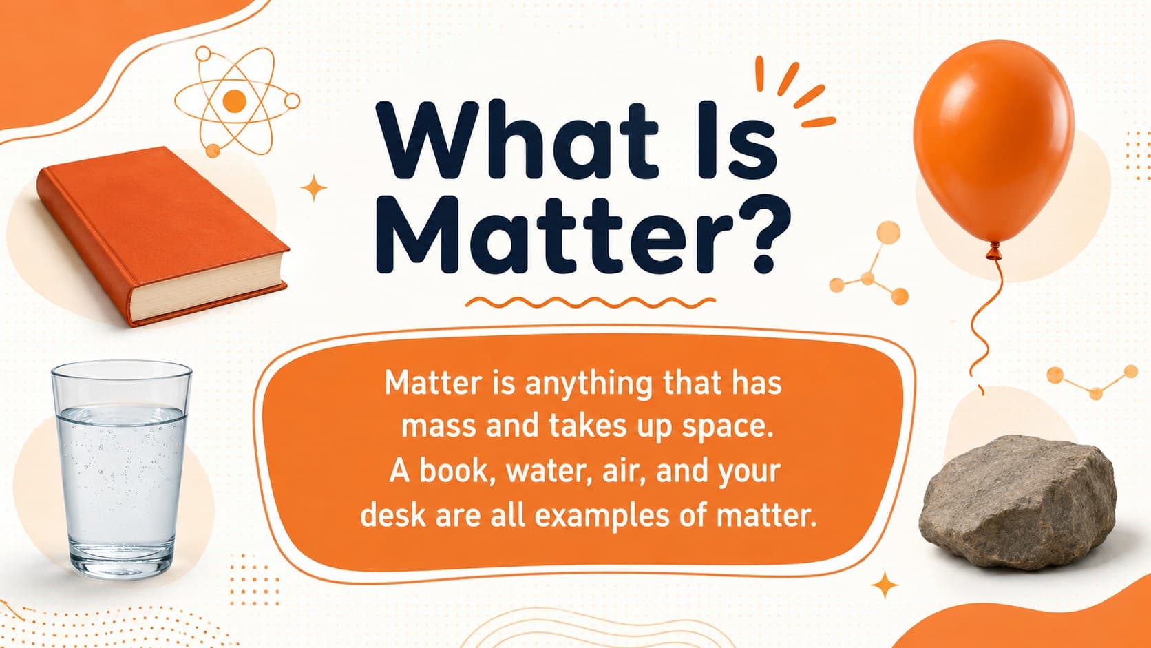 Illustrated definition slide explaining matter through mass, volume, and everyday examples.