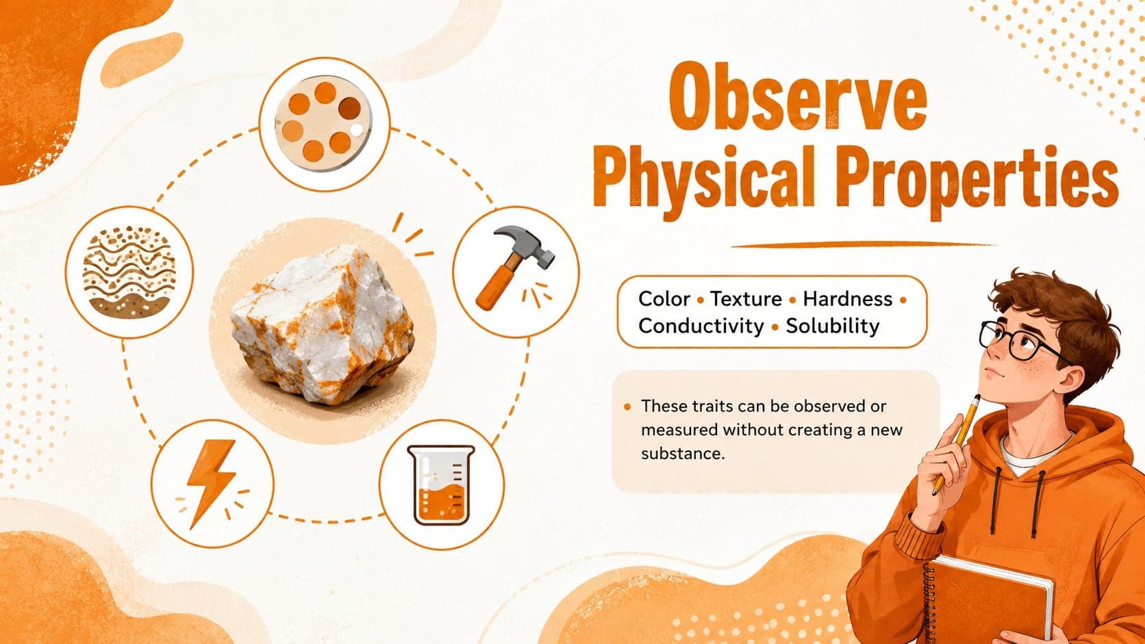 Physical properties presentation slide showing color, texture, hardness, conductivity, and solubility.