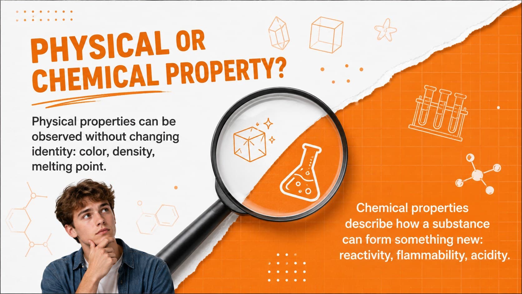Physical and chemical properties presentation comparing observable traits with reactivity and flammability.