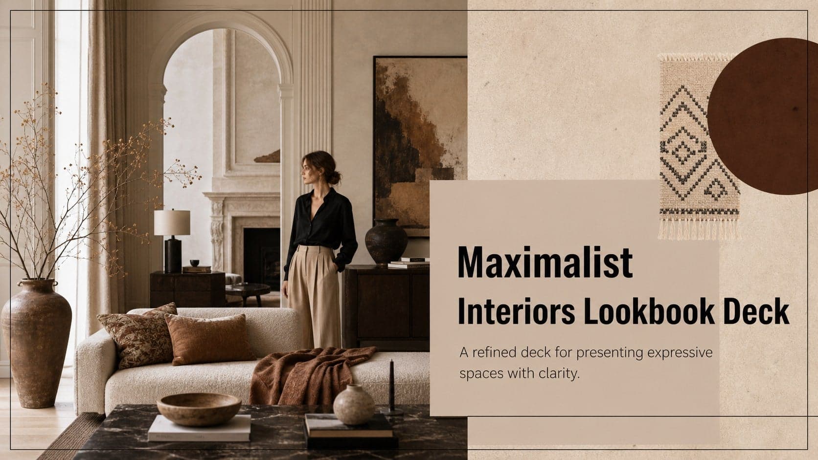 Cover of a maximalist interiors lookbook featuring layered living-room photography in a beige, brown, and black editorial design.
