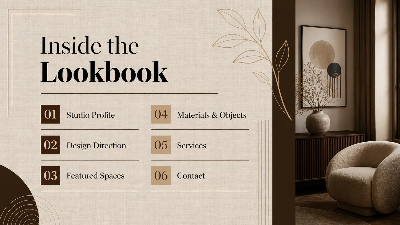 Editorial contents page outlining the sections of a maximalist interior design portfolio.