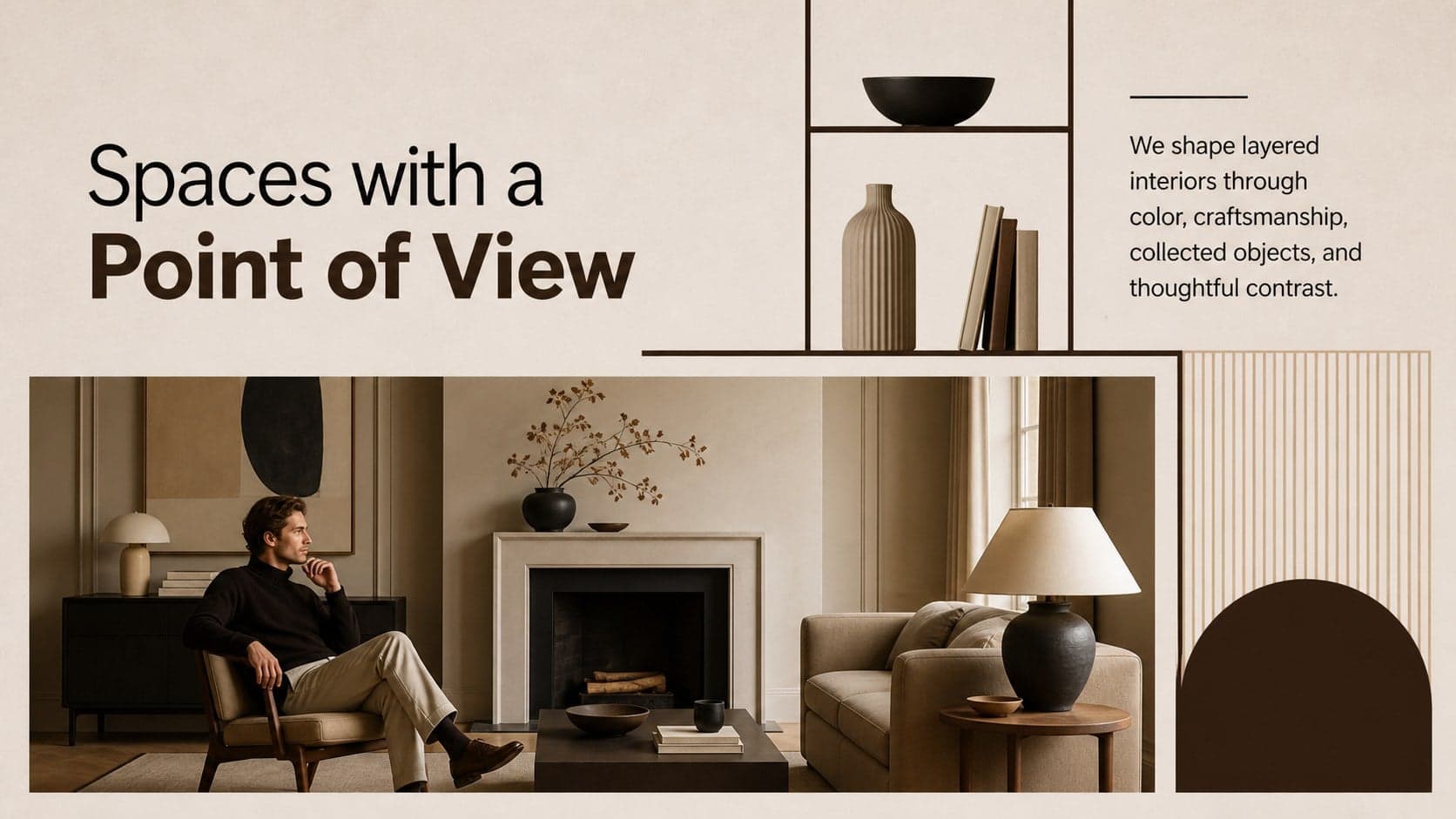 Interior studio profile slide with an expressive room photograph and concise creative practice summary.