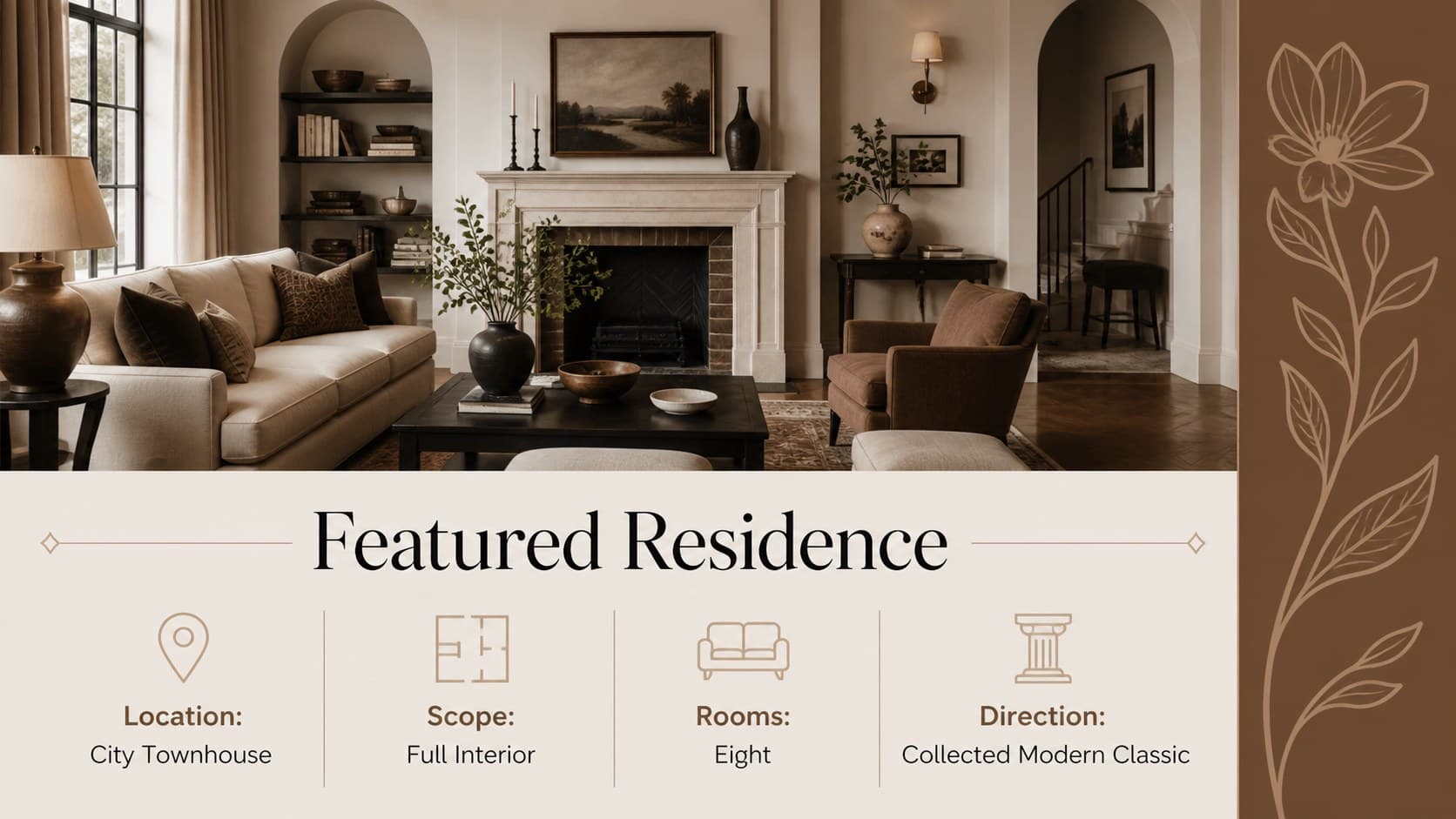 Featured residence overview slide showing project goals, location, scope, and a bold living-room image.