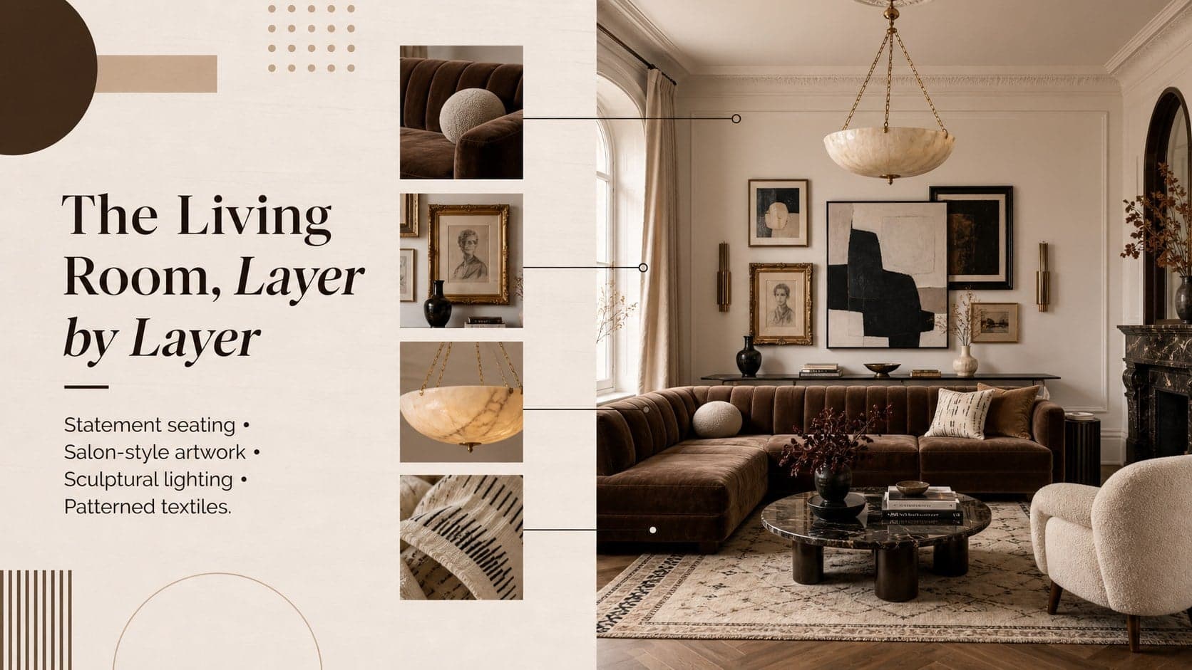 Living-room composition slide highlighting statement seating, artwork, lighting, and layered textiles.