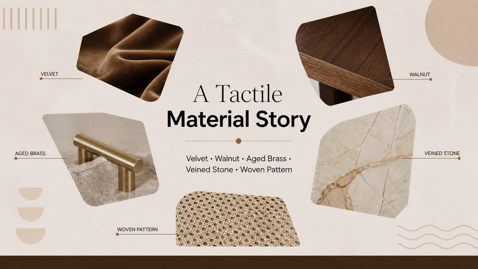 Material palette slide displaying velvet, walnut, brass, stone, and patterned textile swatches.