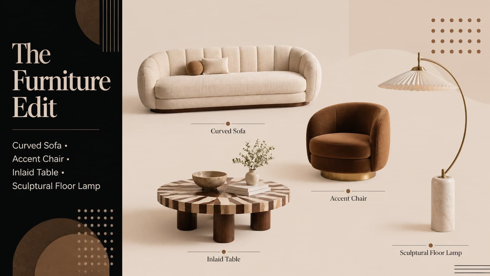 Furniture edit slide presenting a curated sofa, lounge chair, side table, and sculptural lamp.