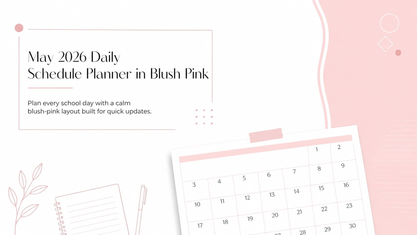 Cover for a May 2026 daily schedule planner featuring a minimal blush-pink calendar-inspired design.