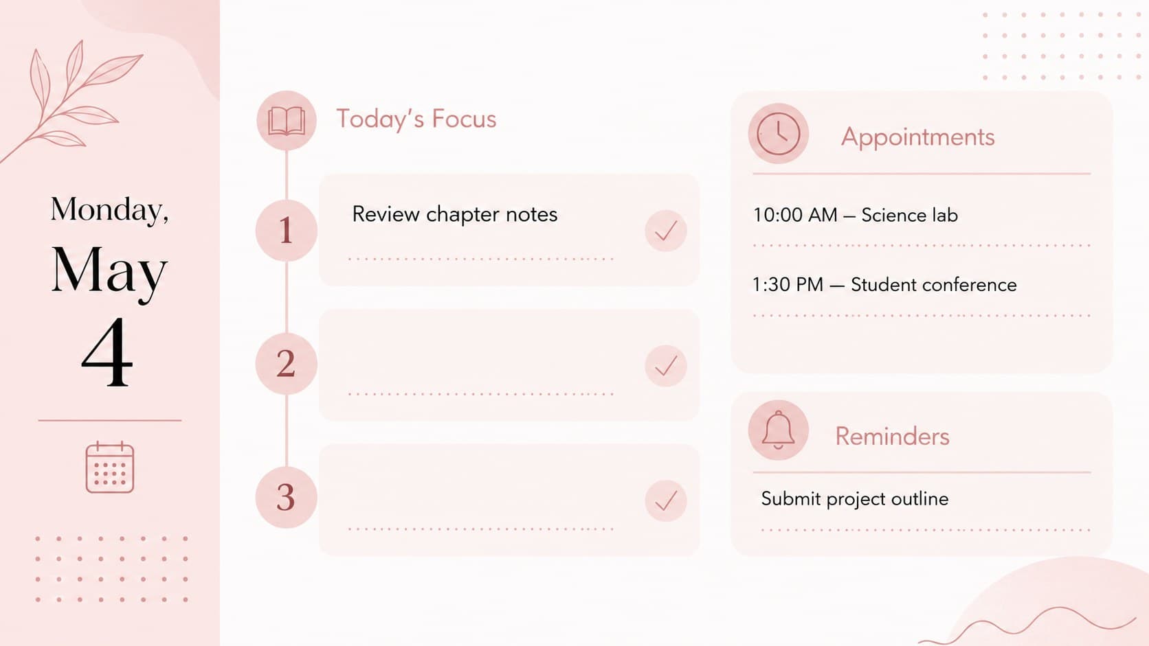 Blush-pink daily agenda slide for organizing May 2026 lessons, priorities, appointments, and reminders.