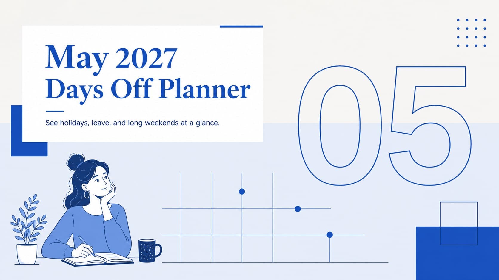 Cover of the May 2027 days off planner featuring blue geometric accents on a clean white background.
