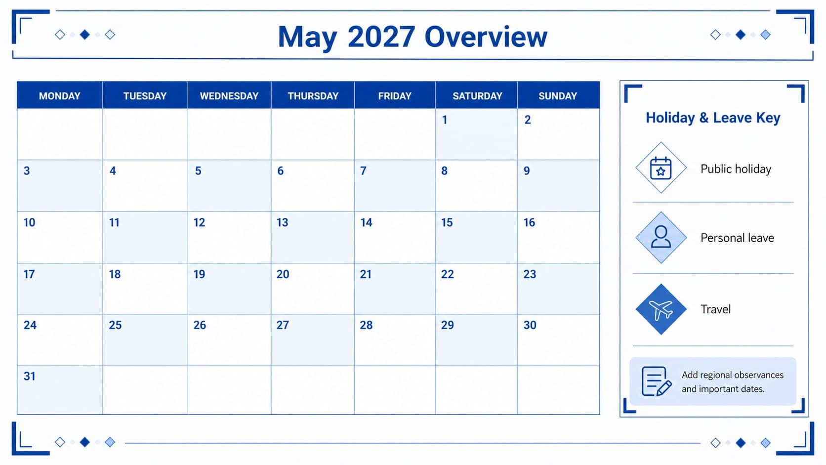 Blue and white May 2027 long weekend calendar with a dated monthly grid and leave-planning key.