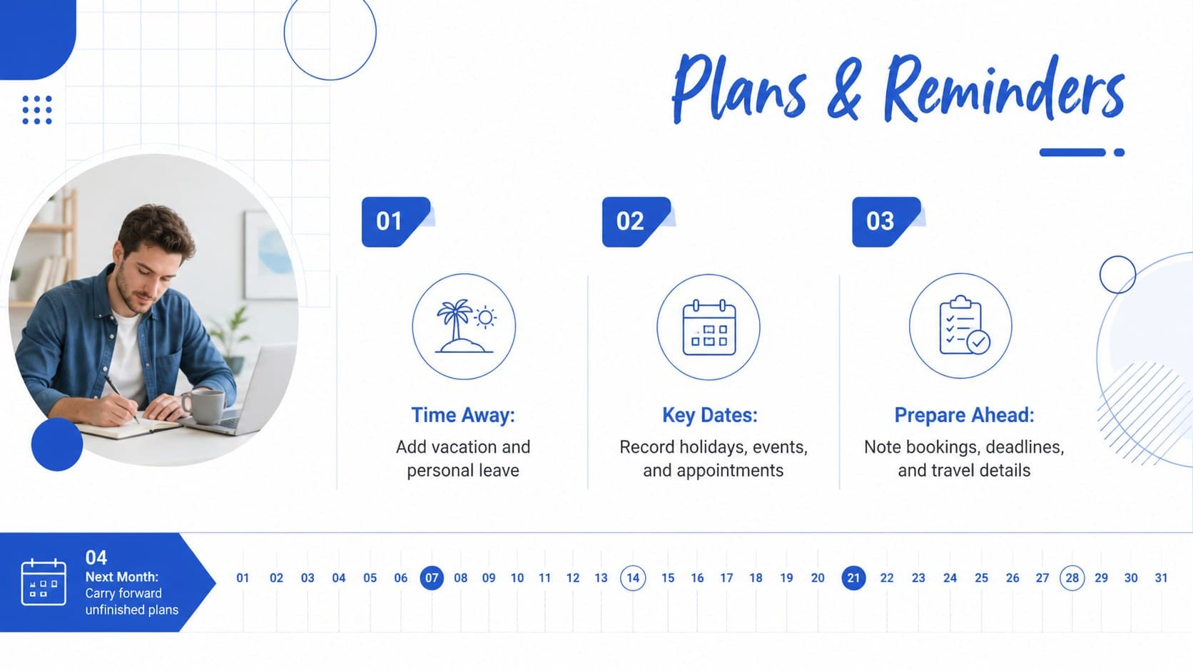 May vacation schedule template with blue geometric sections for plans, reminders, and upcoming dates.