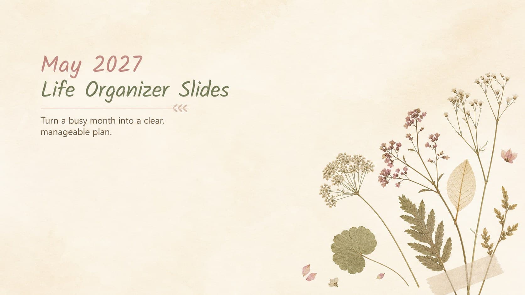 Cover for May 2027 life organizer slides with minimalist beige styling and delicate floral accents.