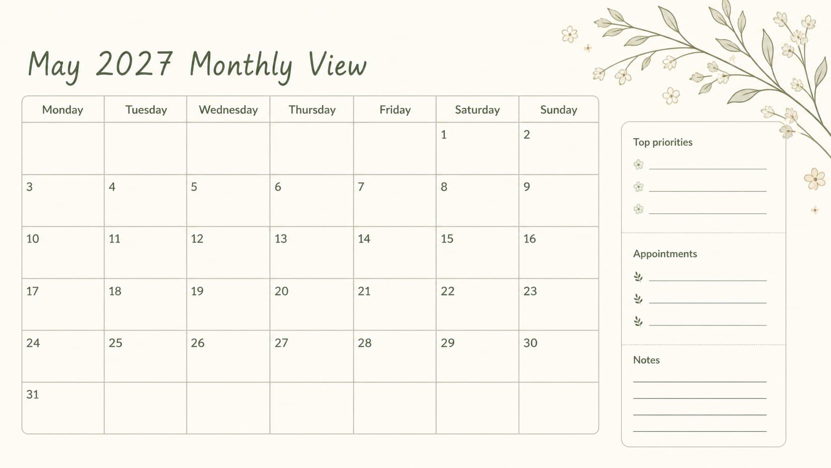 Beige May 2027 monthly calendar template with dated boxes, priority markers, and a notes column.