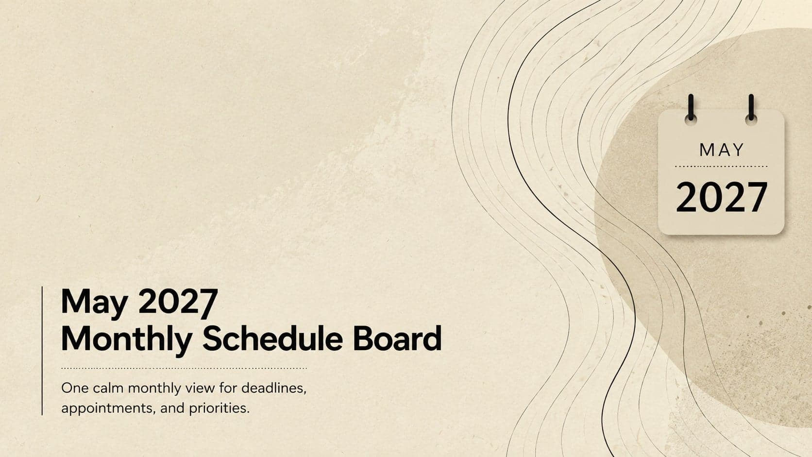 Cover of the May 2027 monthly schedule board in a minimalist beige-and-black presentation style.