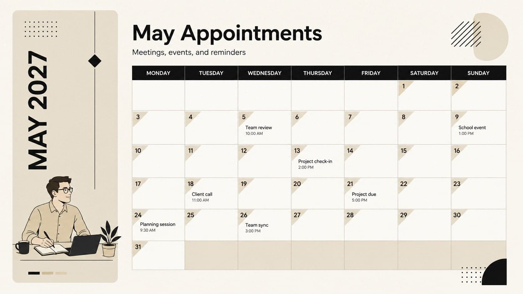 Dated May 2027 appointment tracker with a spacious calendar grid and beige-and-black styling.