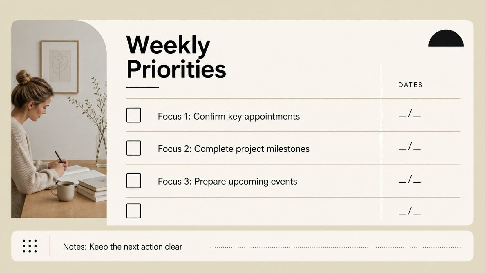 Weekly priorities layout from a printable May 2027 planning board with four organized planning sections.
