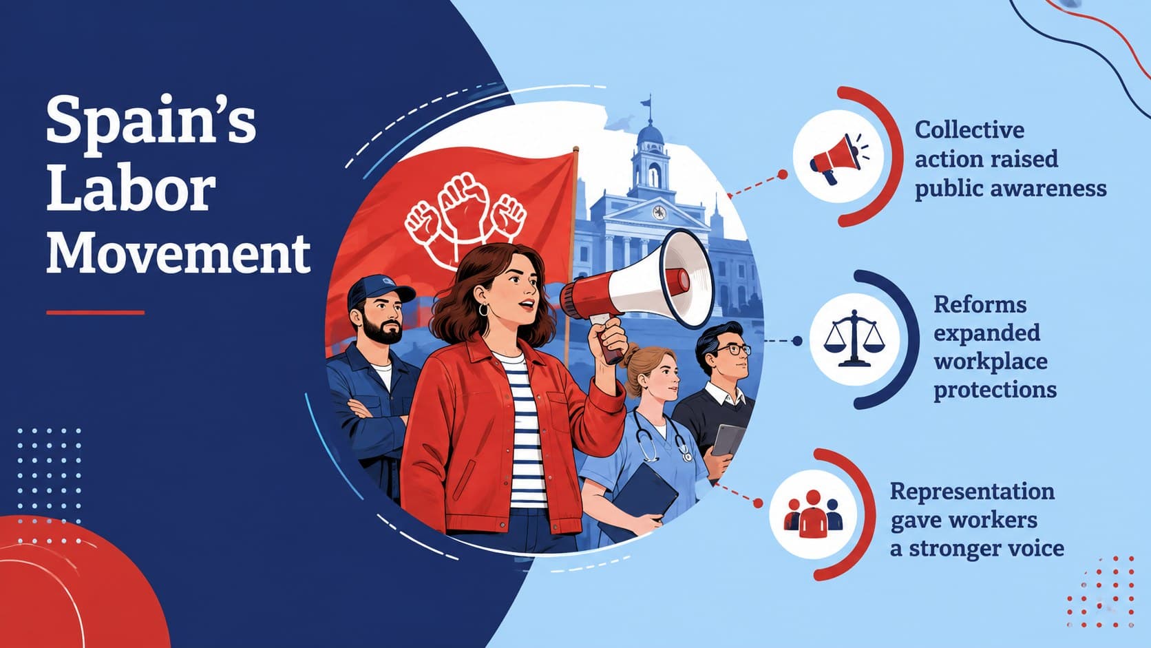 Spanish labor movement presentation slide describing collective action, reform, and representation.