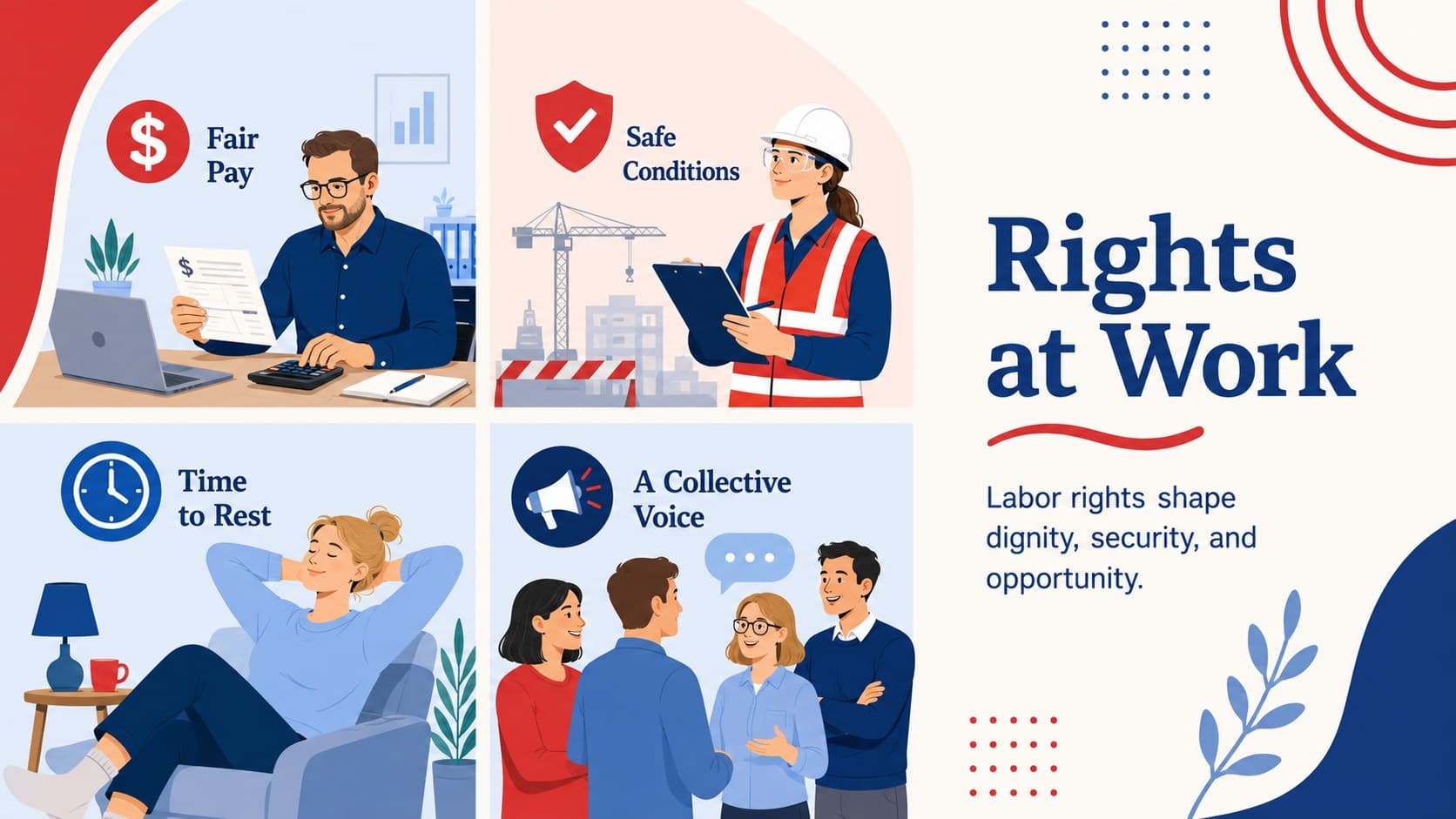 Workers' rights classroom presentation slide summarizing fair pay, safety, rest, and representation.