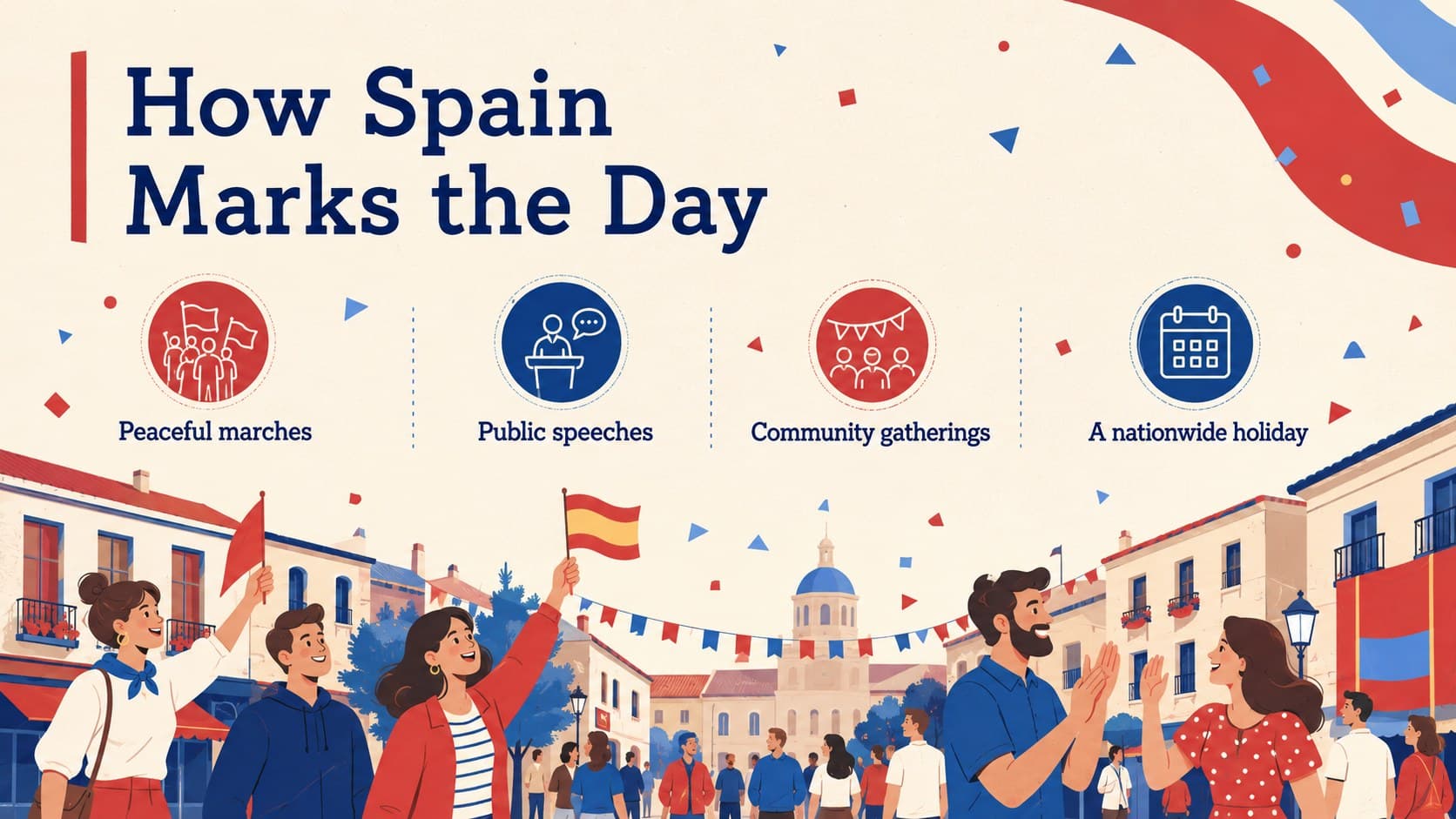 Labor Day traditions in Spain slide showing marches, speeches, gatherings, and a public holiday calendar.
