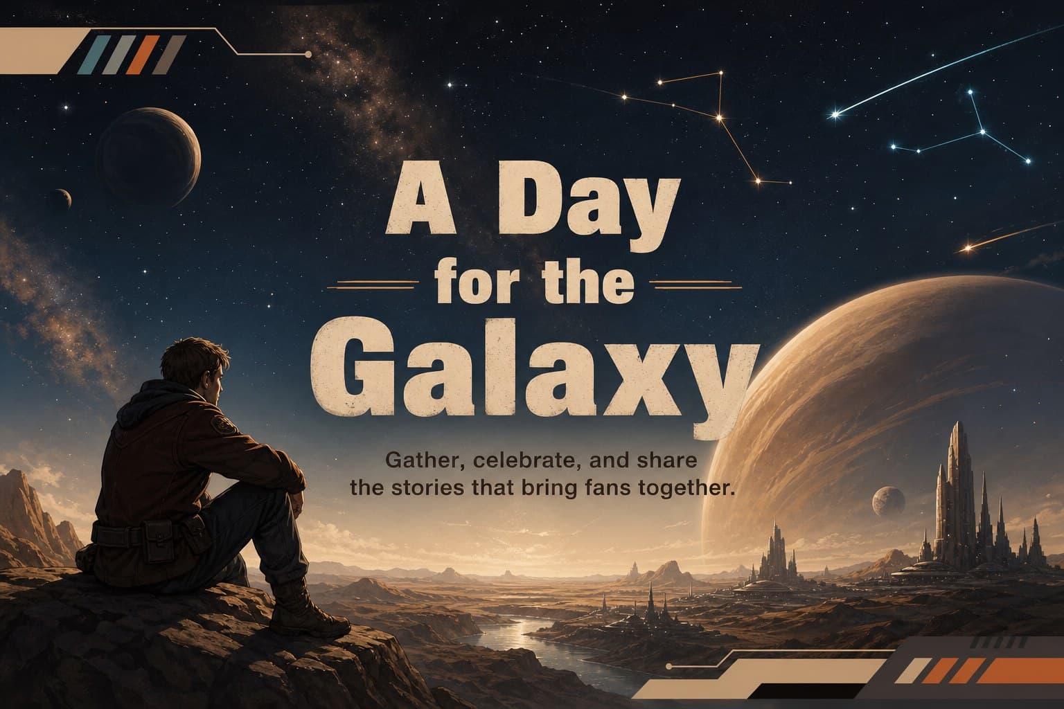 May the 4th event presentation introduction slide with a large photograph and celestial graphic accents.