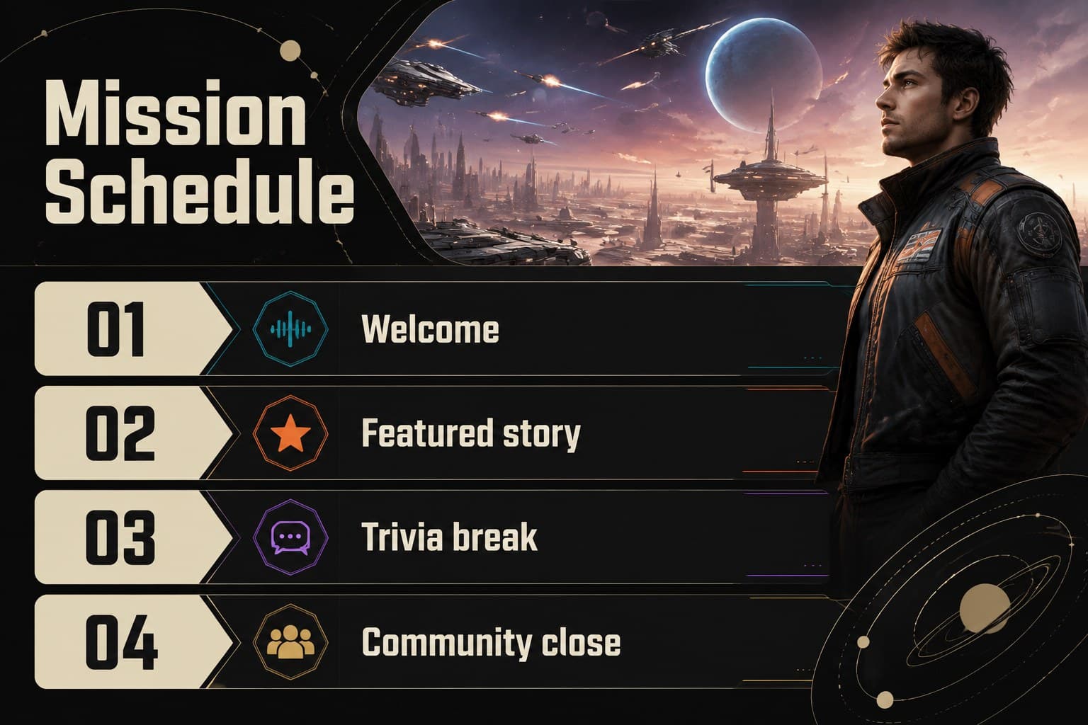 May the 4th celebration agenda slide showing a structured event schedule with space-themed imagery.