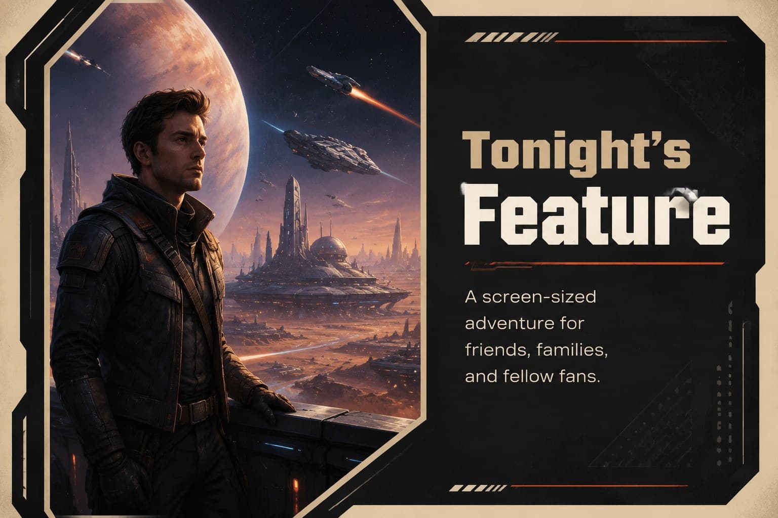 Space movie night presentation slide featuring a dramatic image area and event information.