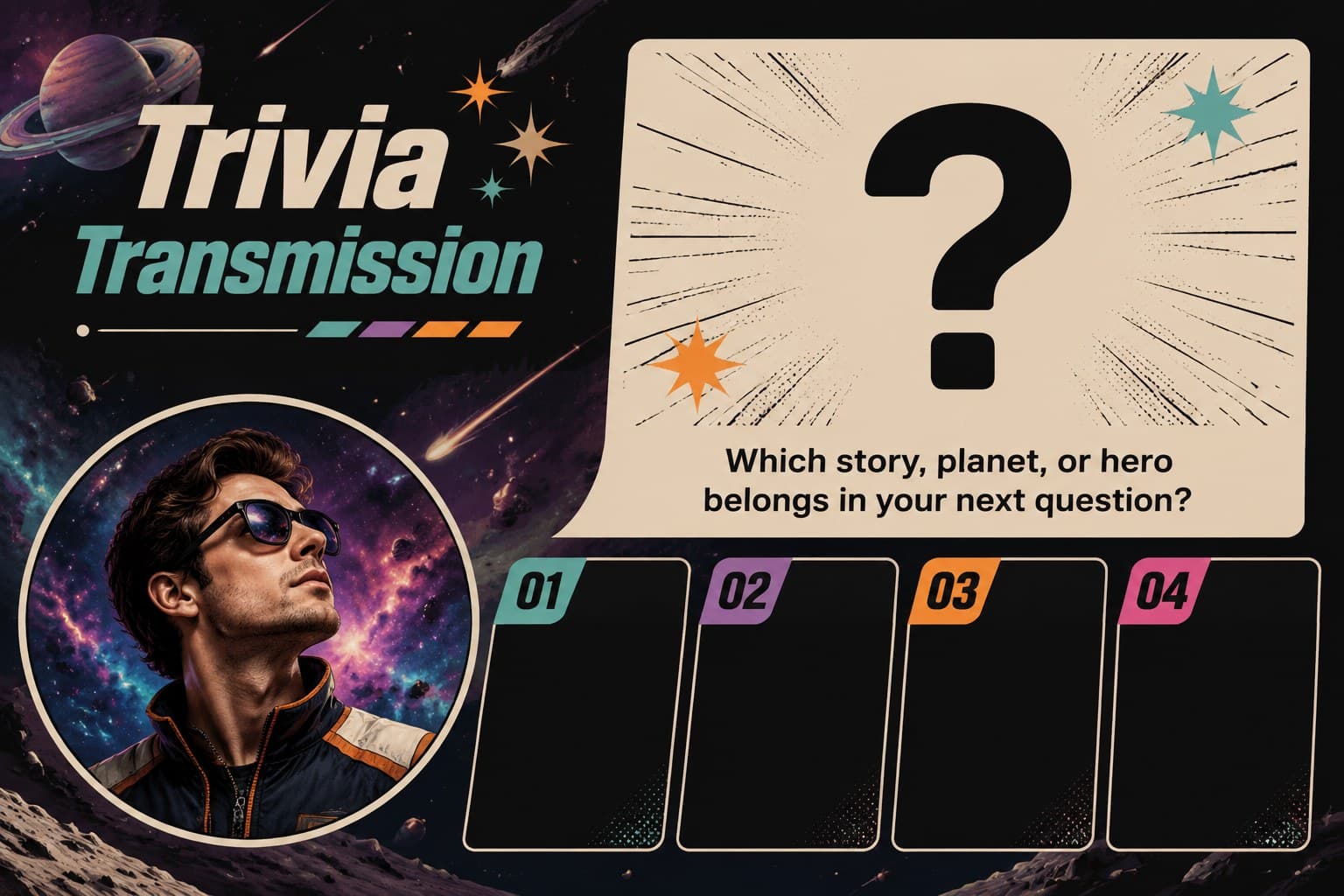 May fourth trivia presentation slide with question prompts, answer space, and colorful space accents.