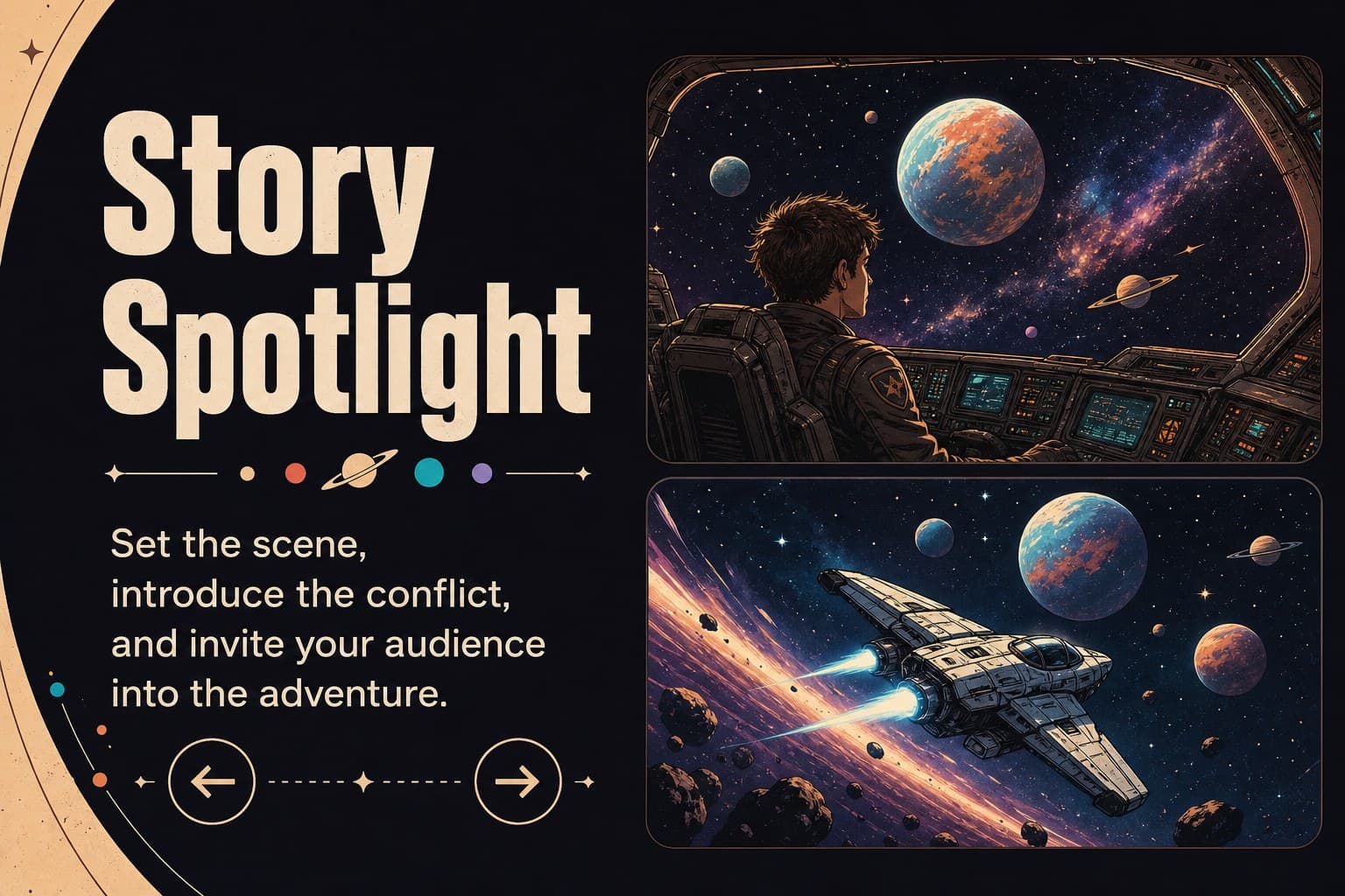 Editable sci fi event slides layout for presenting a featured story with image and supporting text.