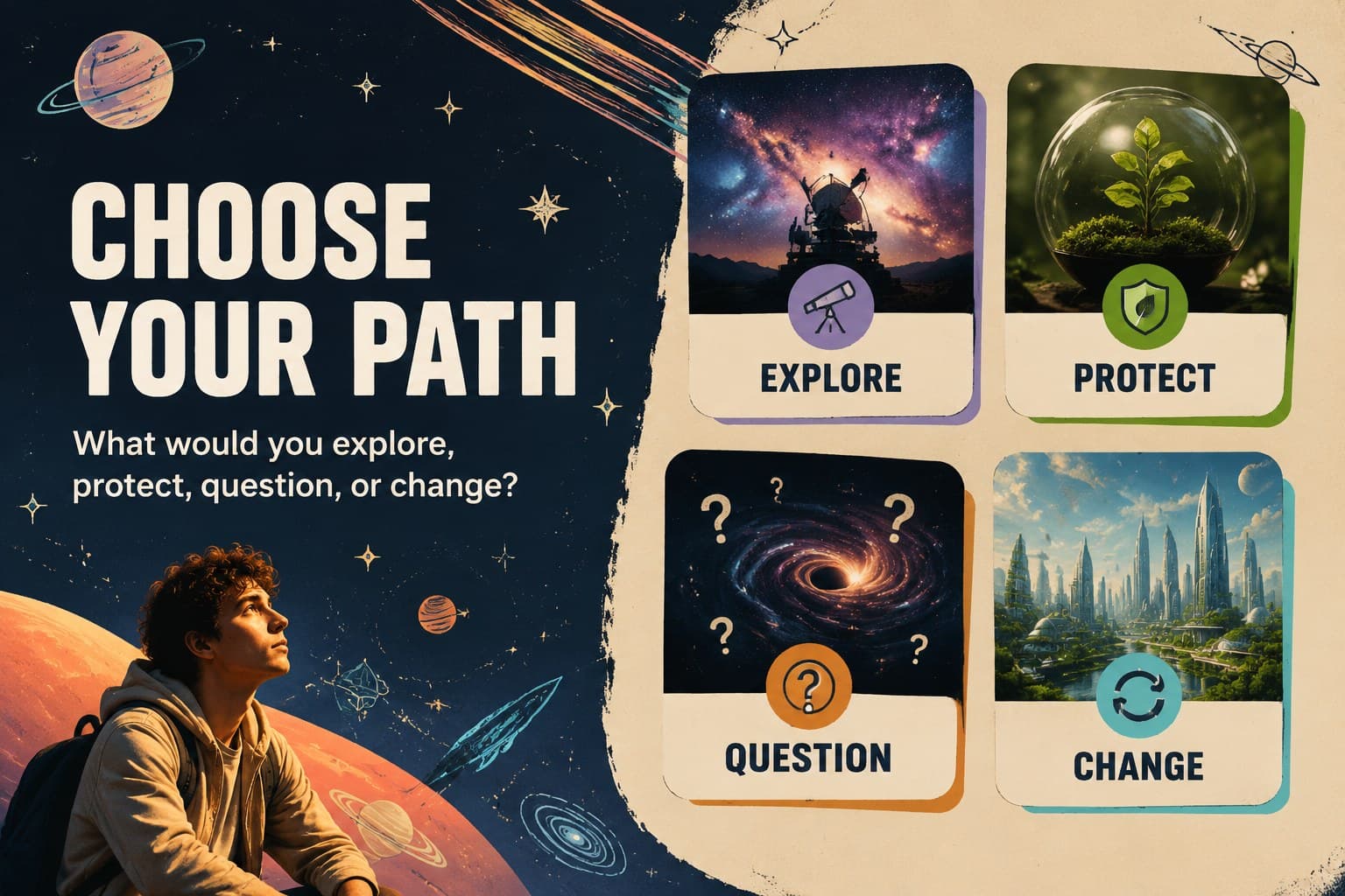 May the 4th classroom slideshow activity slide with discussion prompts and a bold illustrated layout.