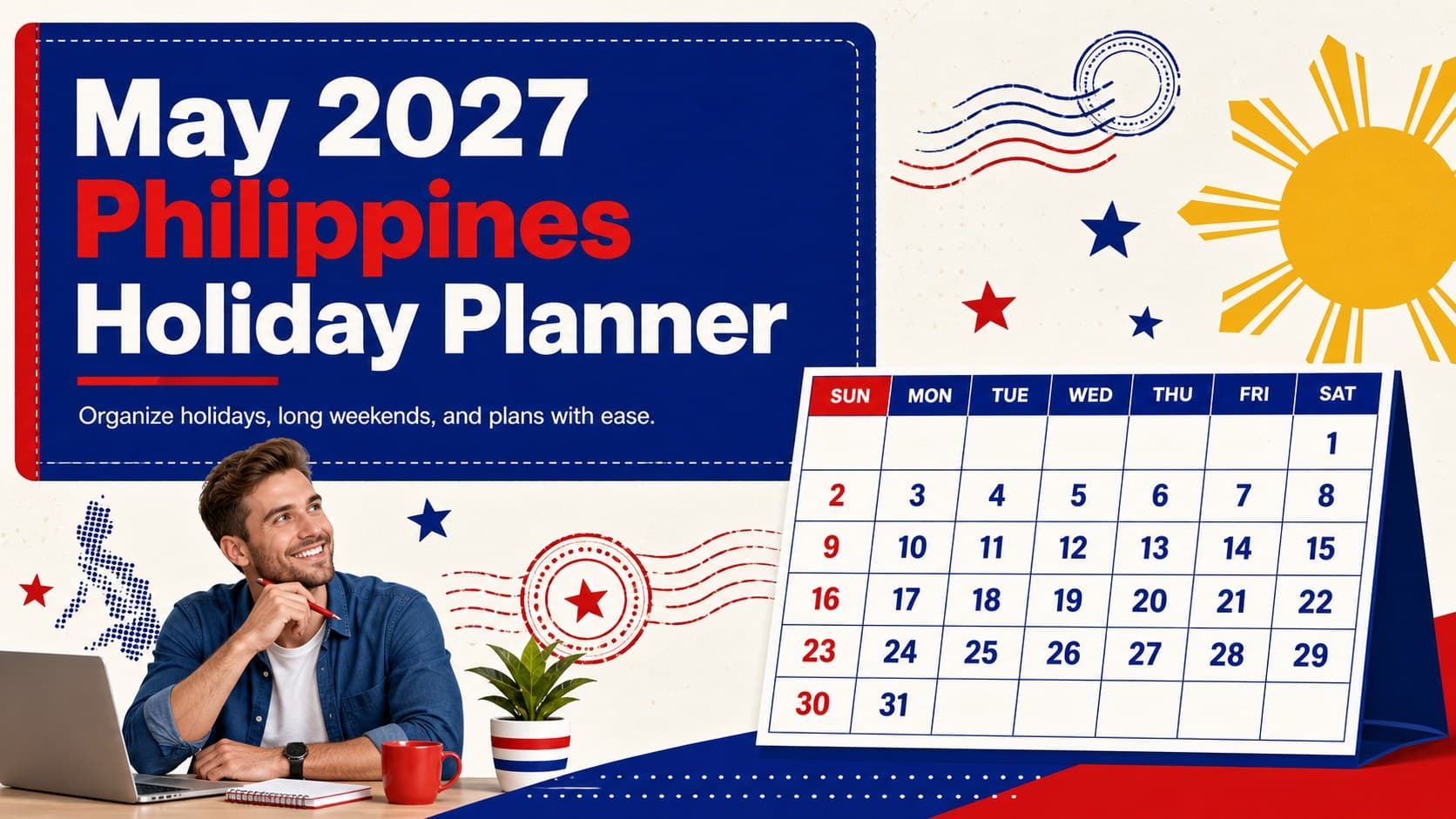 Cover slide for a May 2027 Philippines holiday planner with a bold blue and red retro calendar design.