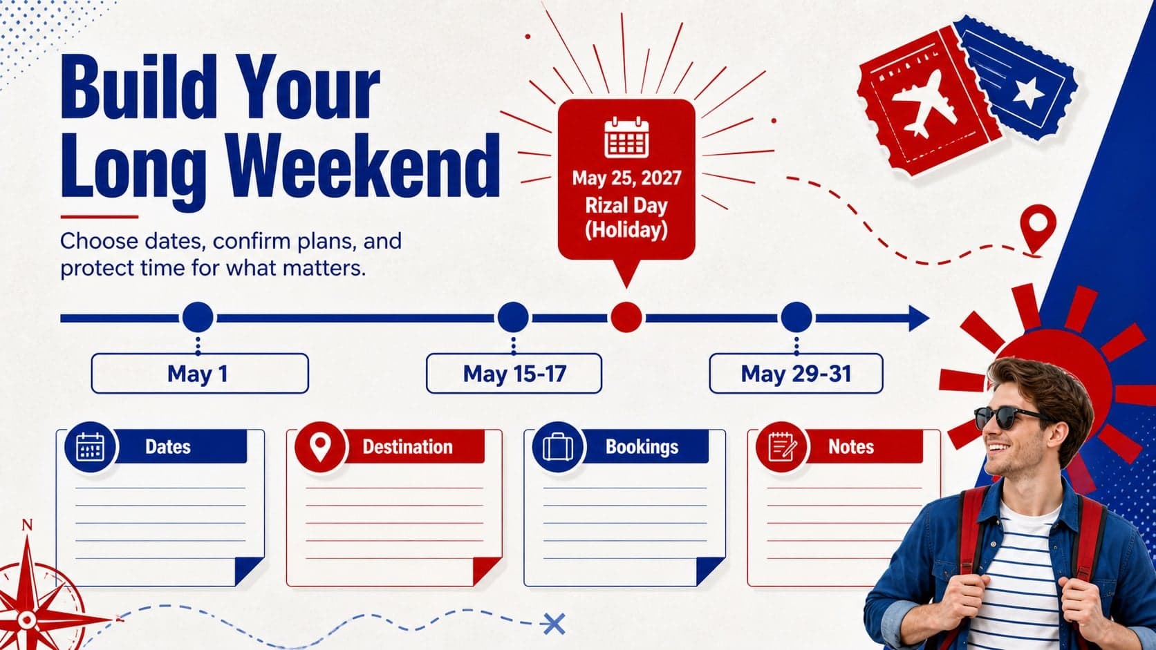 Long-weekend planning slide with Philippine holiday markers, travel notes, and coordinated schedule blocks.