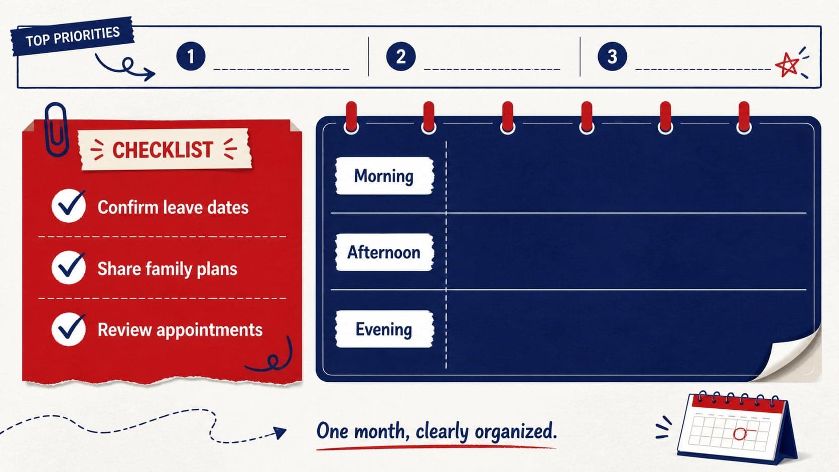 Notes and schedule slide for recording May 2027 travel plans, events, appointments, and leave dates.