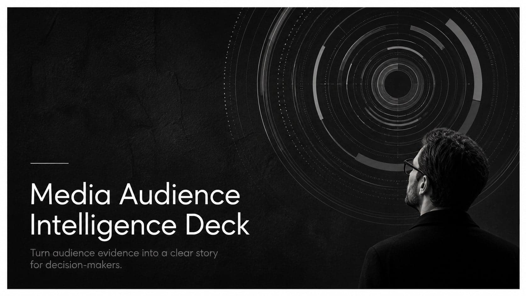 Cover of a monochrome Media Audience Intelligence Deck with bold editorial typography and abstract data graphics.