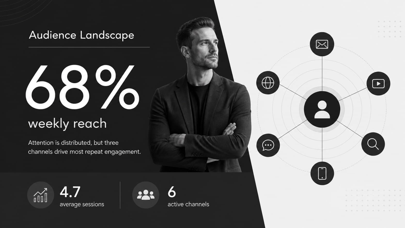 Audience landscape slide summarizing reach, engagement, and active media channels in a monochrome dashboard.
