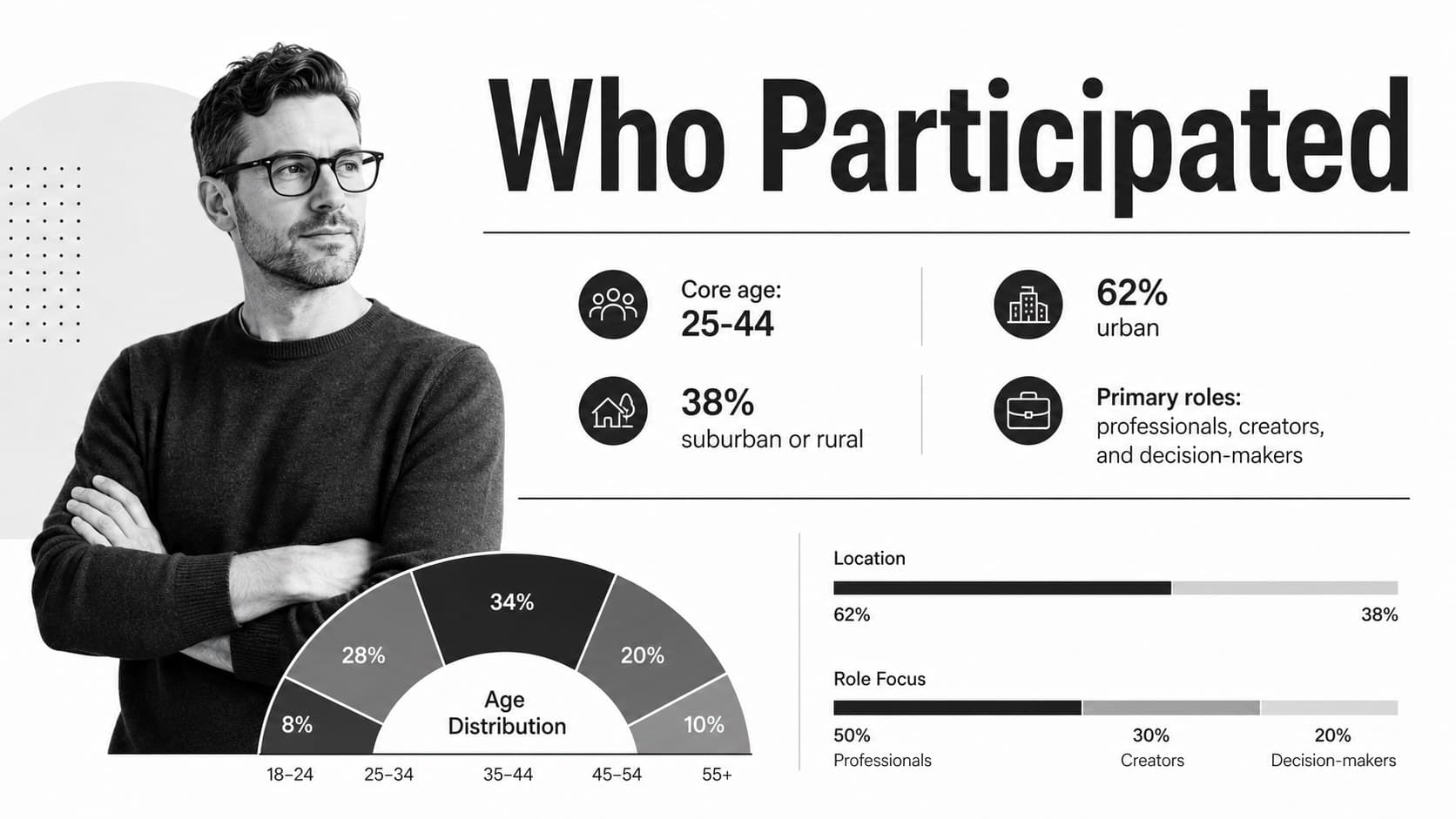 Audience profile slide visualizing age groups, locations, and professional roles for media research.