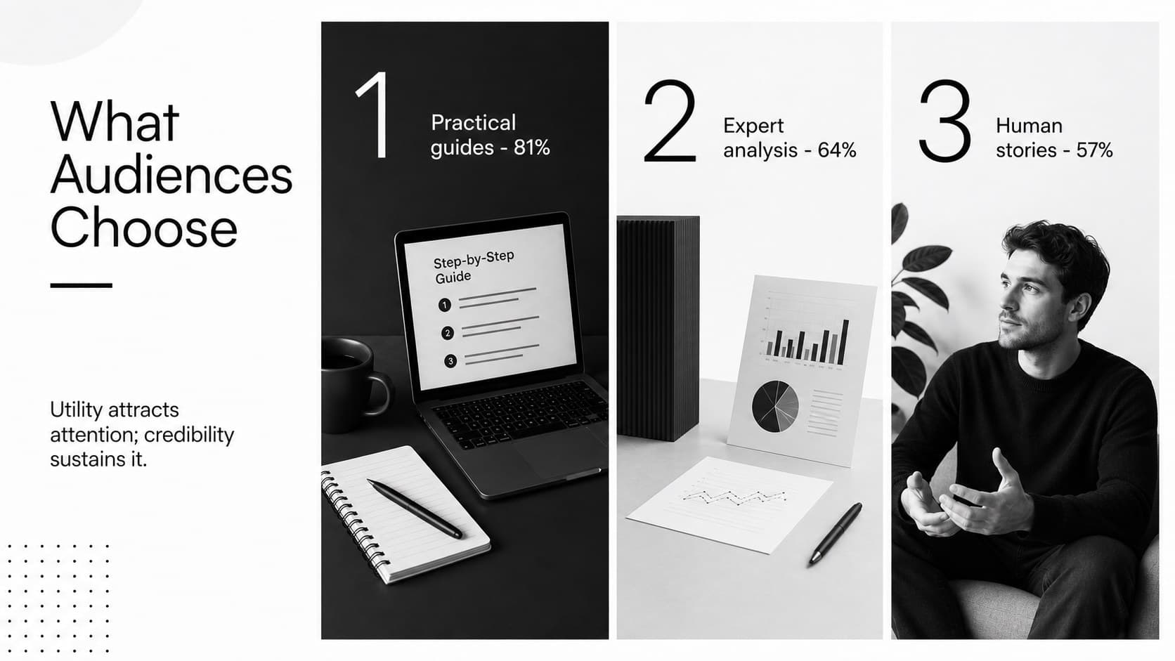 Audience content preferences slide comparing practical guides, expert analysis, and human stories.