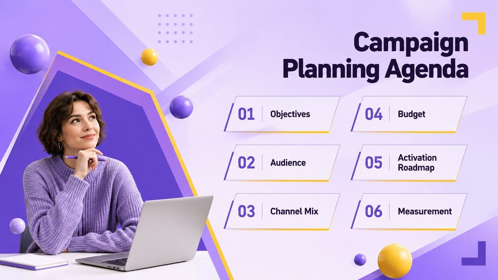 Campaign agenda slide outlining the main sections of an integrated media strategy deck.