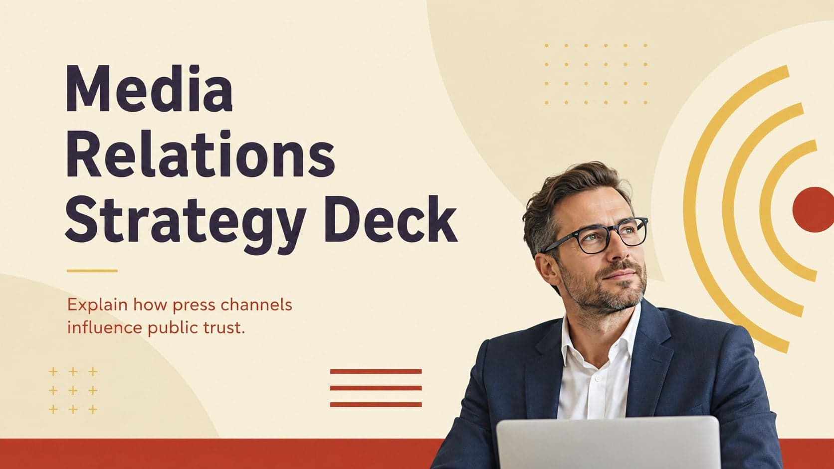Cover of a Media Relations Strategy Deck in a bold yellow, beige, and red corporate style.